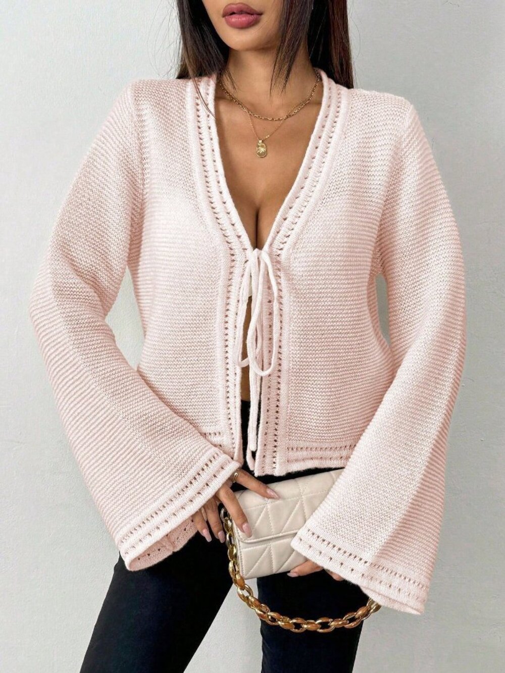 Baby Pink Casual Women's Tie Flare Sleeve Cardigan - Picture 5 of 6